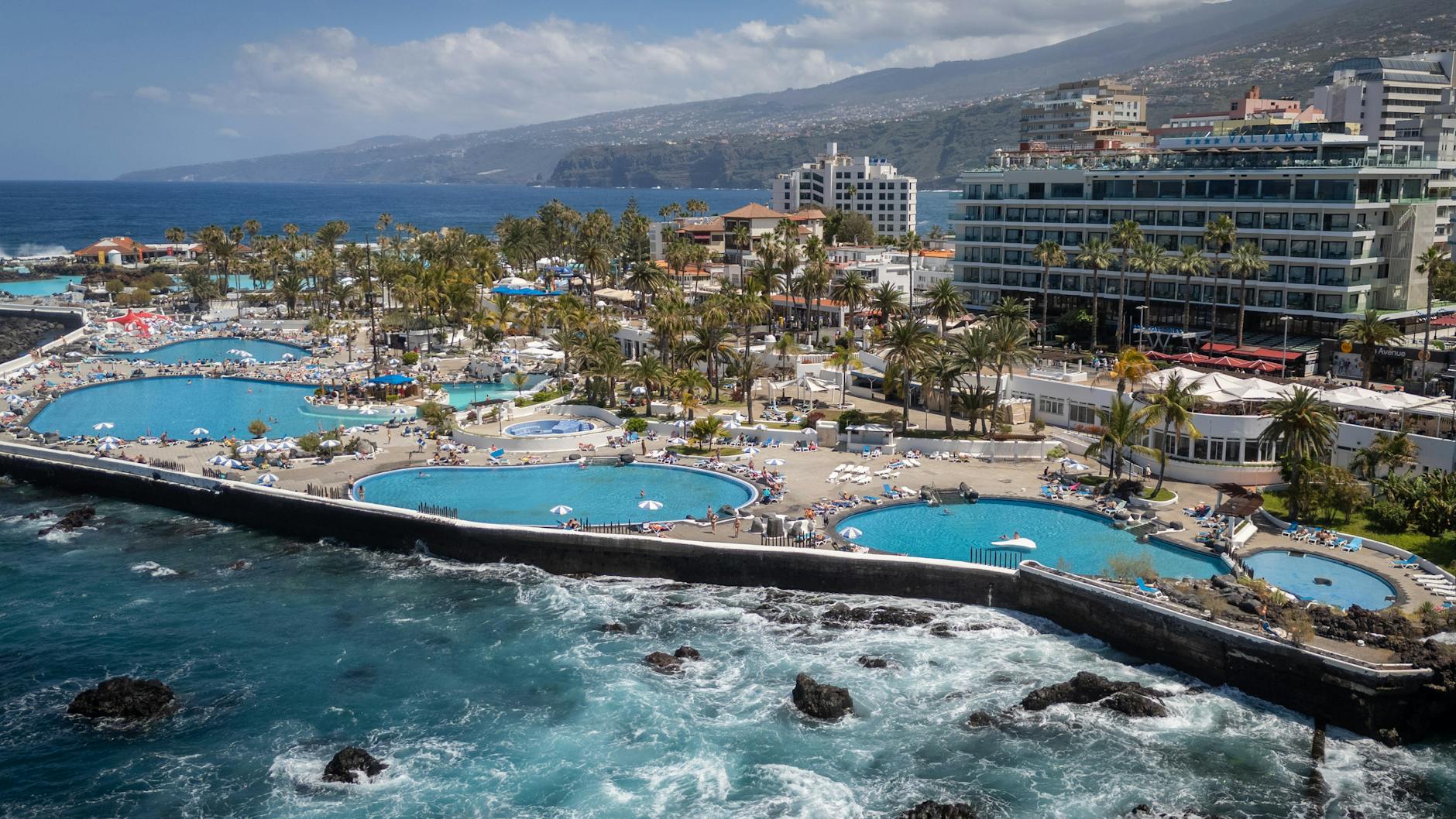 Stunning aerial view of seaside pools in Puerto de la Cruz, Canary Islands, Spain.