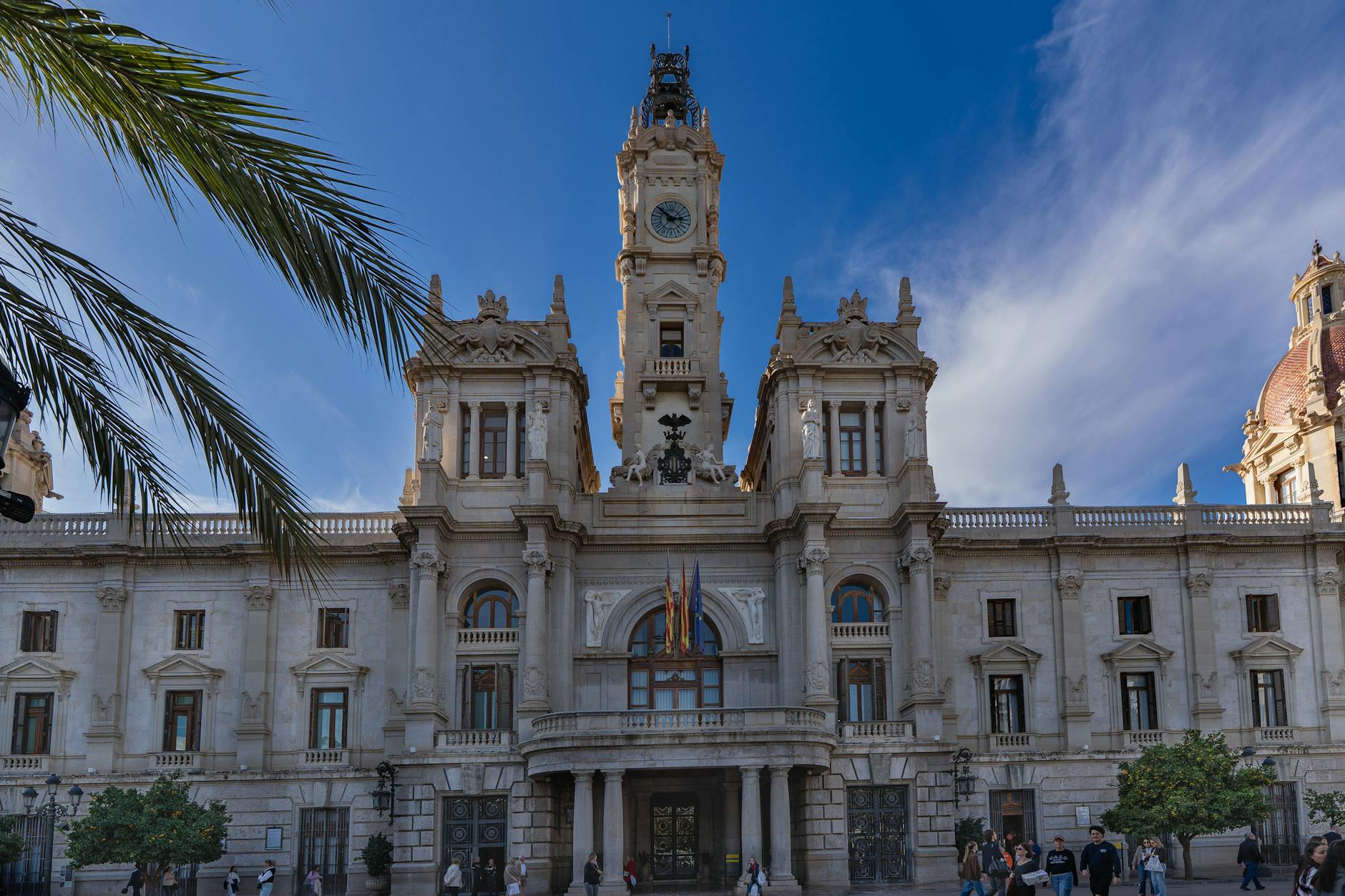 Stunning architecture of the Town Hall in Valencia, Spain on a clear sunny day.