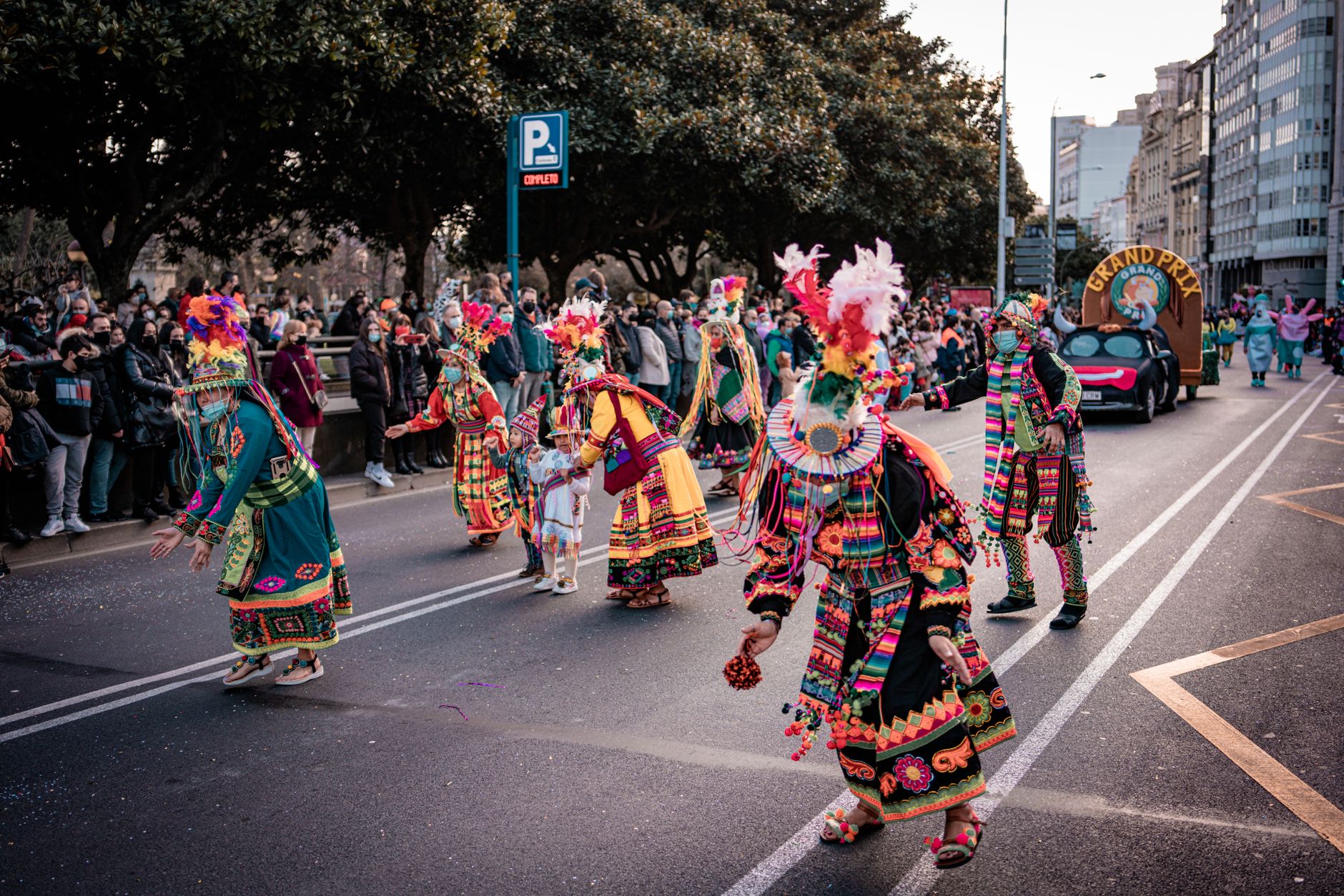 Vibrant street dance parade featuring traditional costumes in A Coruña, Spain. Captivating cultural celebration.